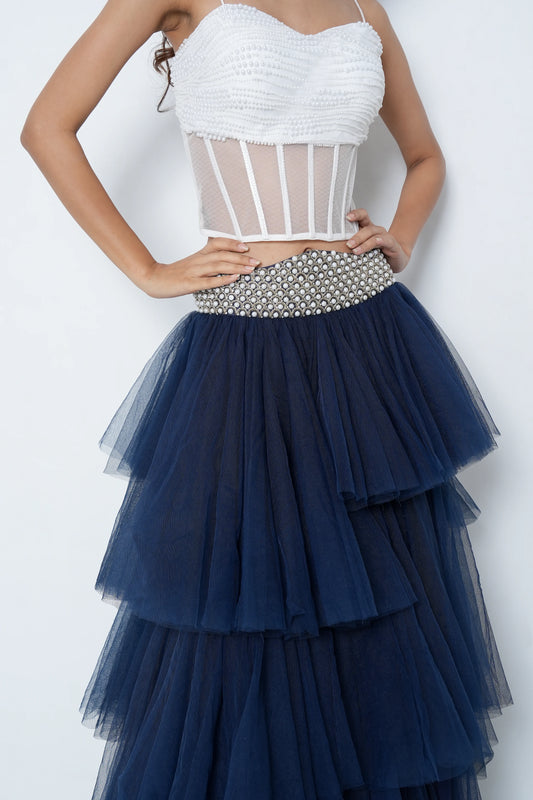 Navy Frill Skirt with Pearl Belt