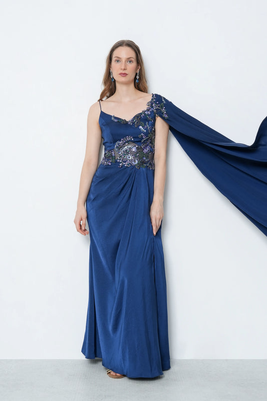 Navy Satin Drape Gown