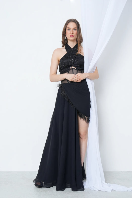 Black Asymmetrical Beaded Dress