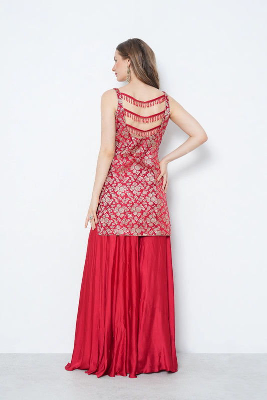 Red Brocade Kurta Set