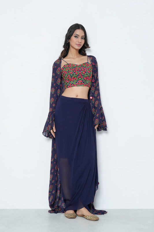 Navy Georgette Skirt Set with Jacket