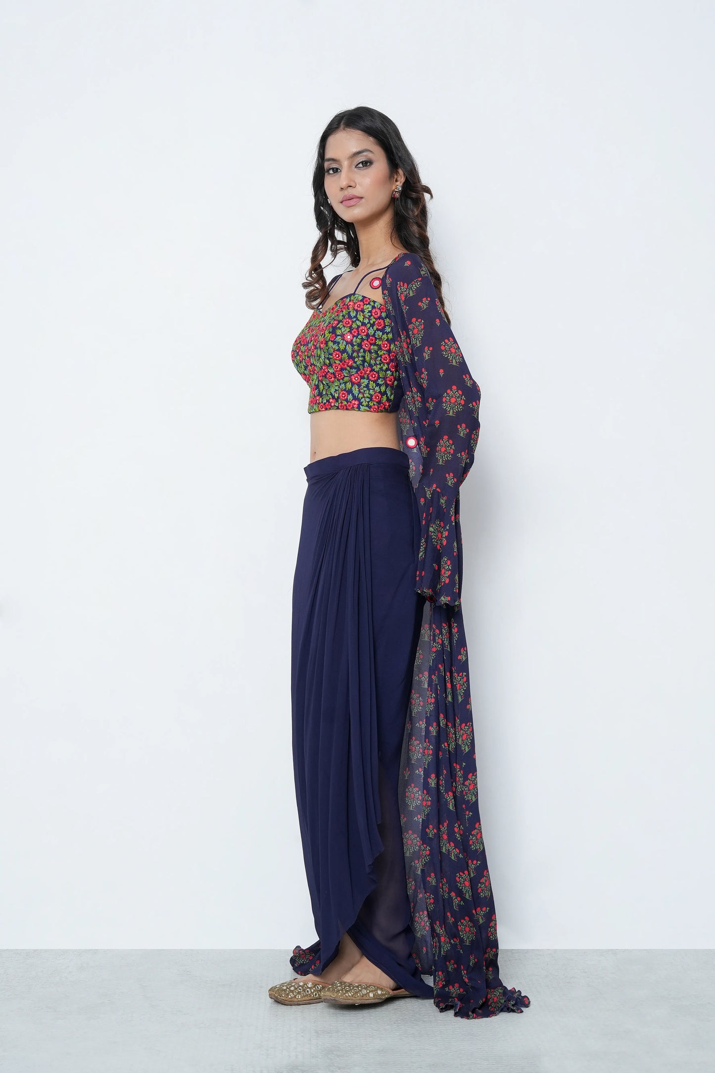 Navy Georgette Skirt Set with Jacket
