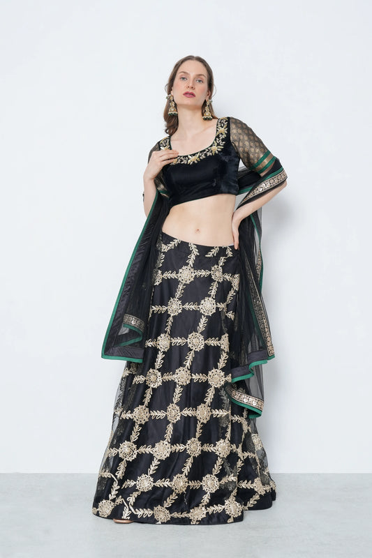 Black Velvet Brocade Lehenga Set