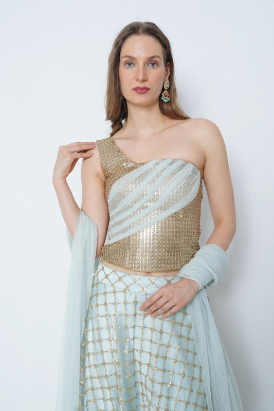 Gold & Powder Blue Lehenga Set