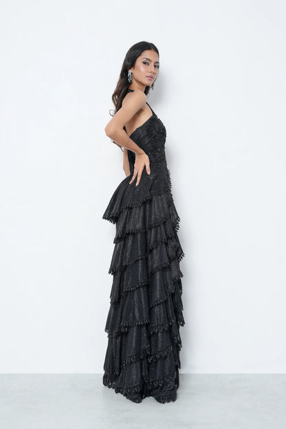 Black Ruffle Net Gown