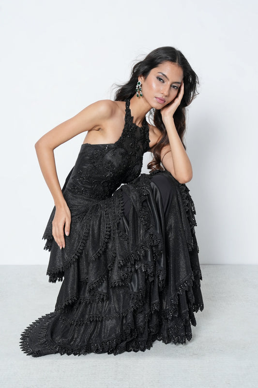 Black Ruffle Net Gown