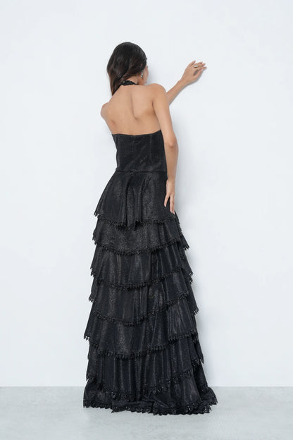 Black Ruffle Net Gown