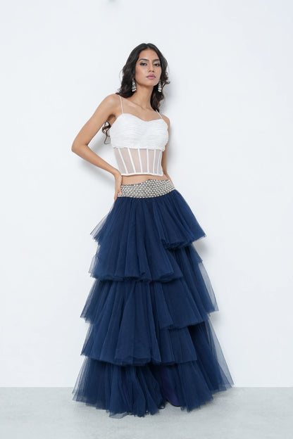 Navy Frill Skirt with Pearl Belt
