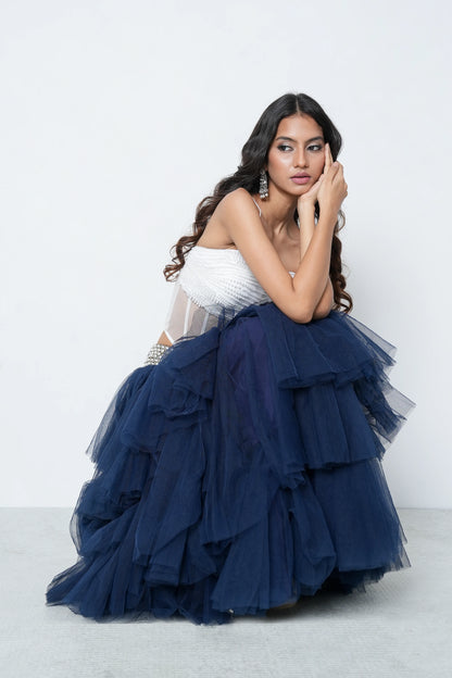 Navy Frill Skirt with Pearl Belt