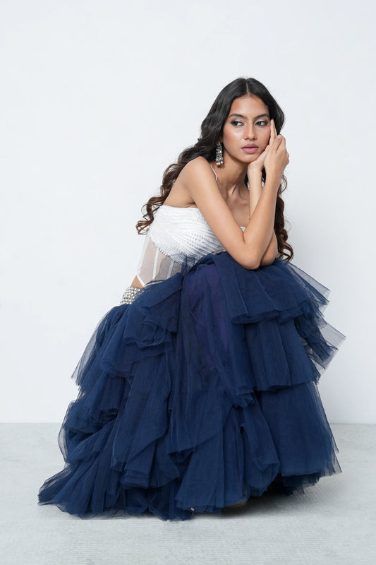 Navy Frill Skirt with Pearl Belt