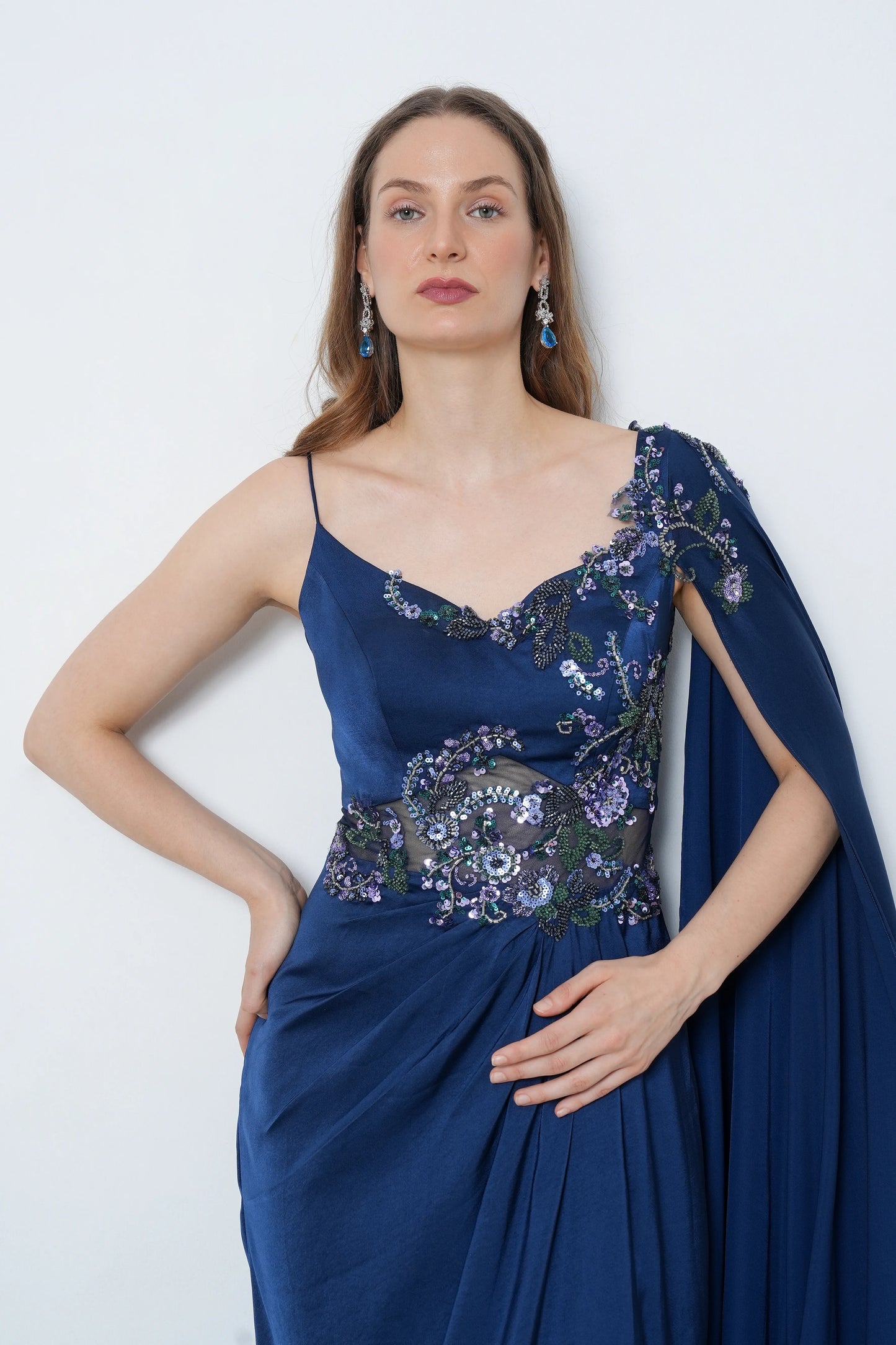 Navy Satin Drape Gown