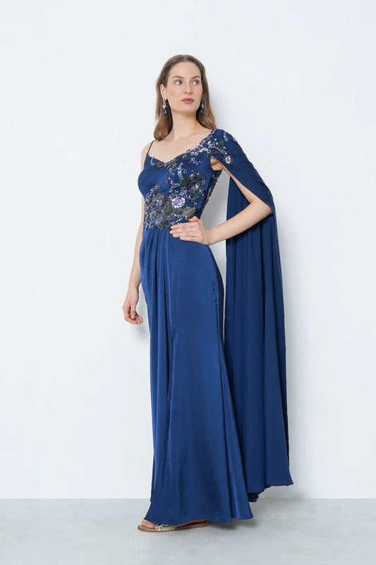 Navy Satin Drape Gown