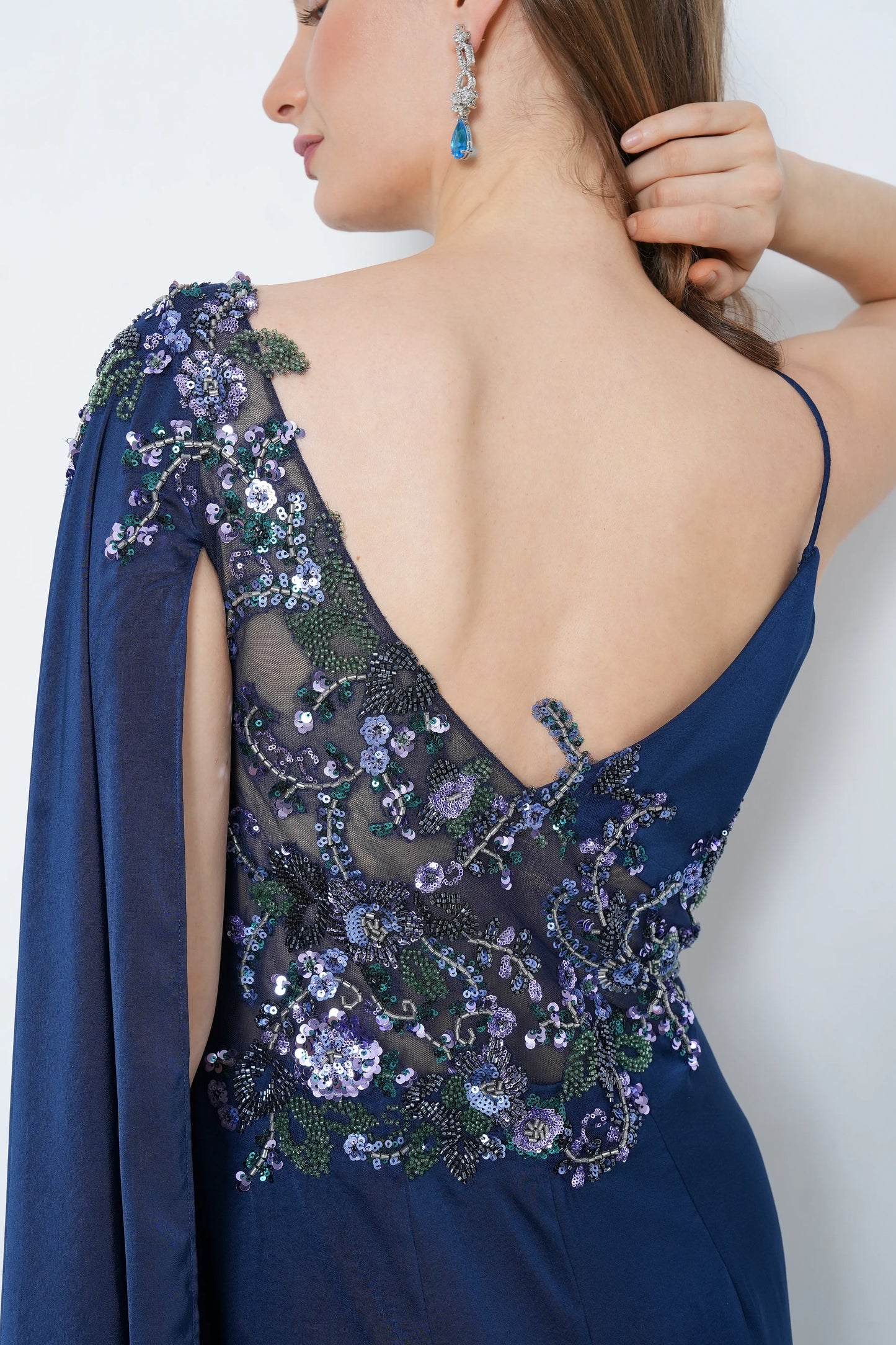 Navy Satin Drape Gown