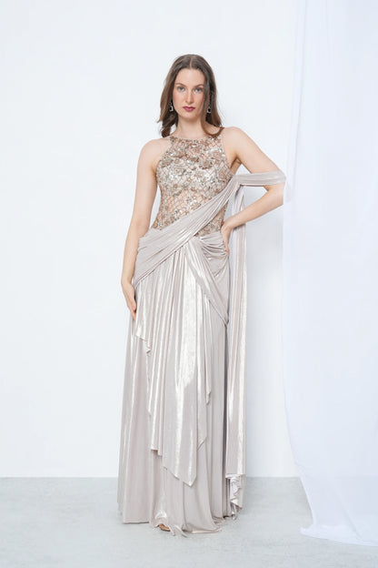 Gold Drape Sequin Gown