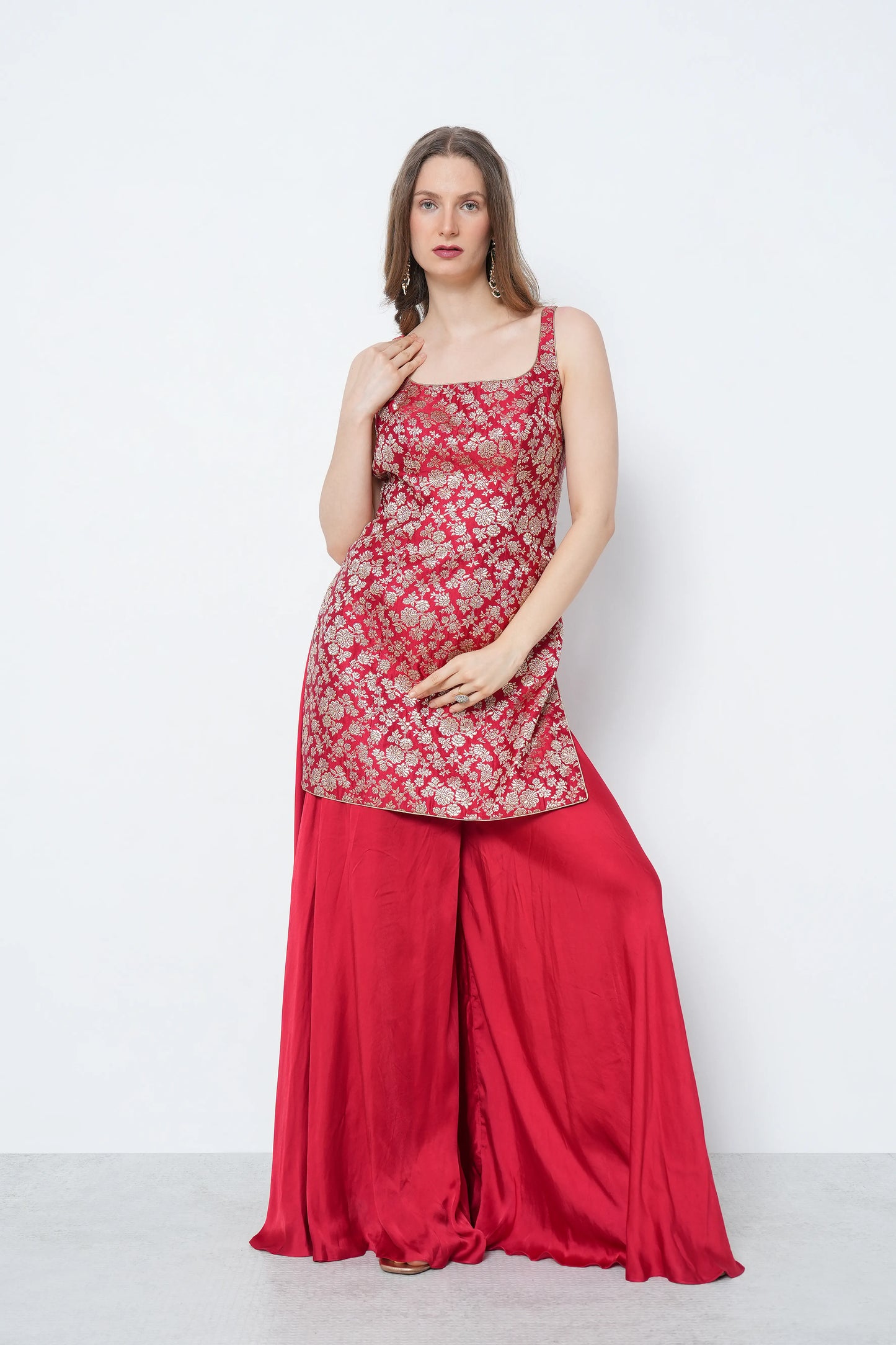 Red Brocade Kurta Set
