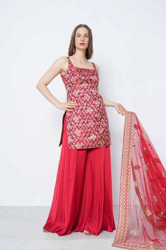 Red Brocade Kurta Set