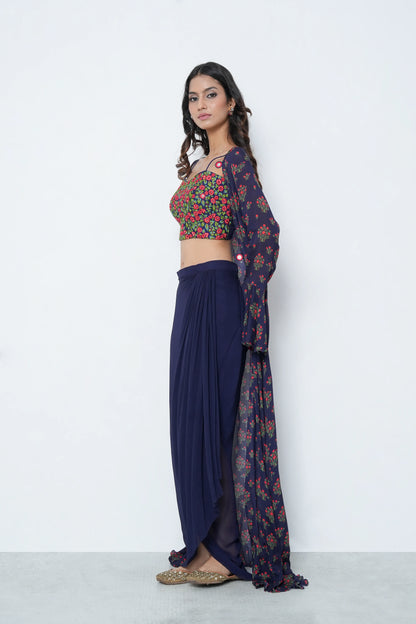 Navy Georgette Skirt Set with Jacket