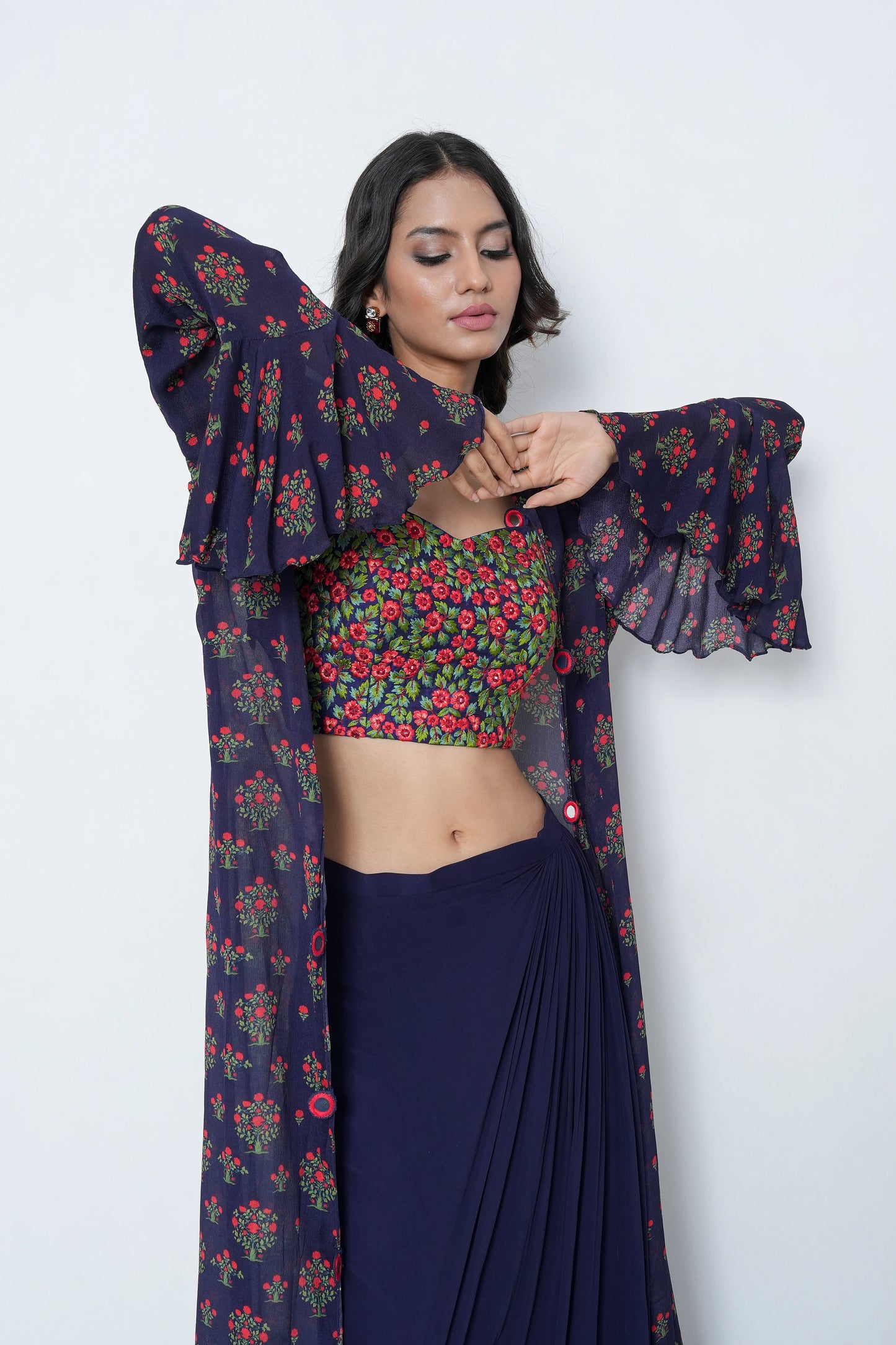 Navy Georgette Skirt Set with Jacket