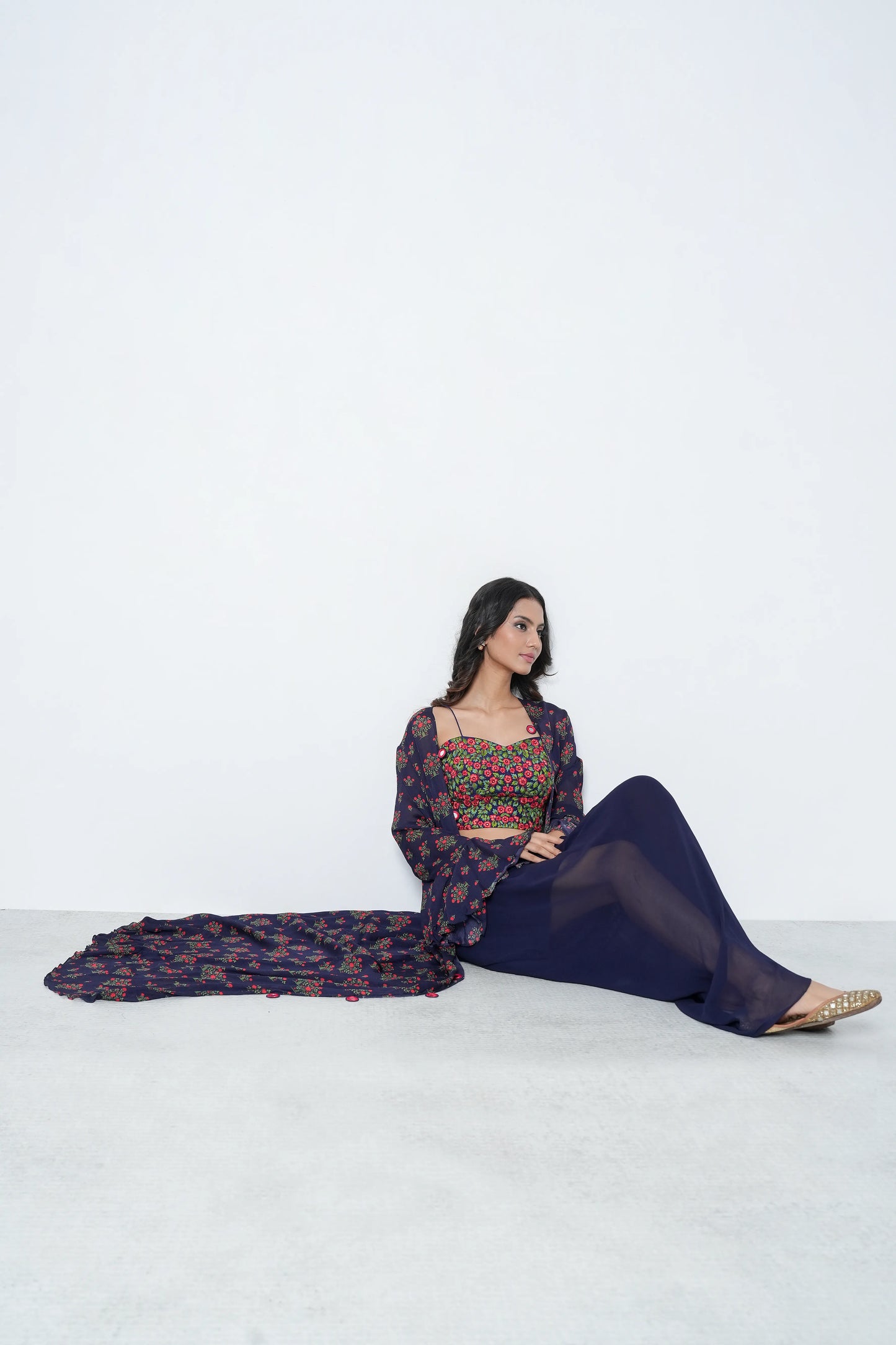 Navy Georgette Skirt Set with Jacket