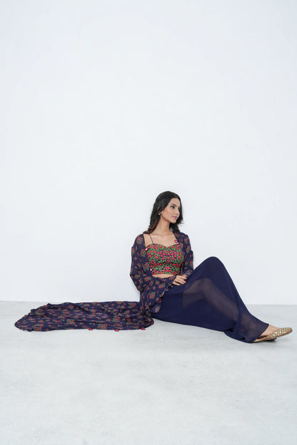 Navy Georgette Skirt Set with Jacket
