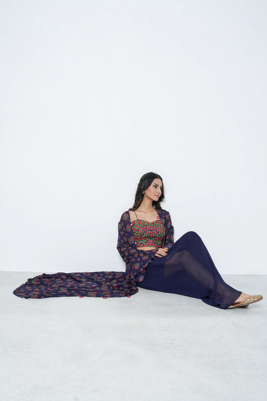Navy Georgette Skirt Set with Jacket