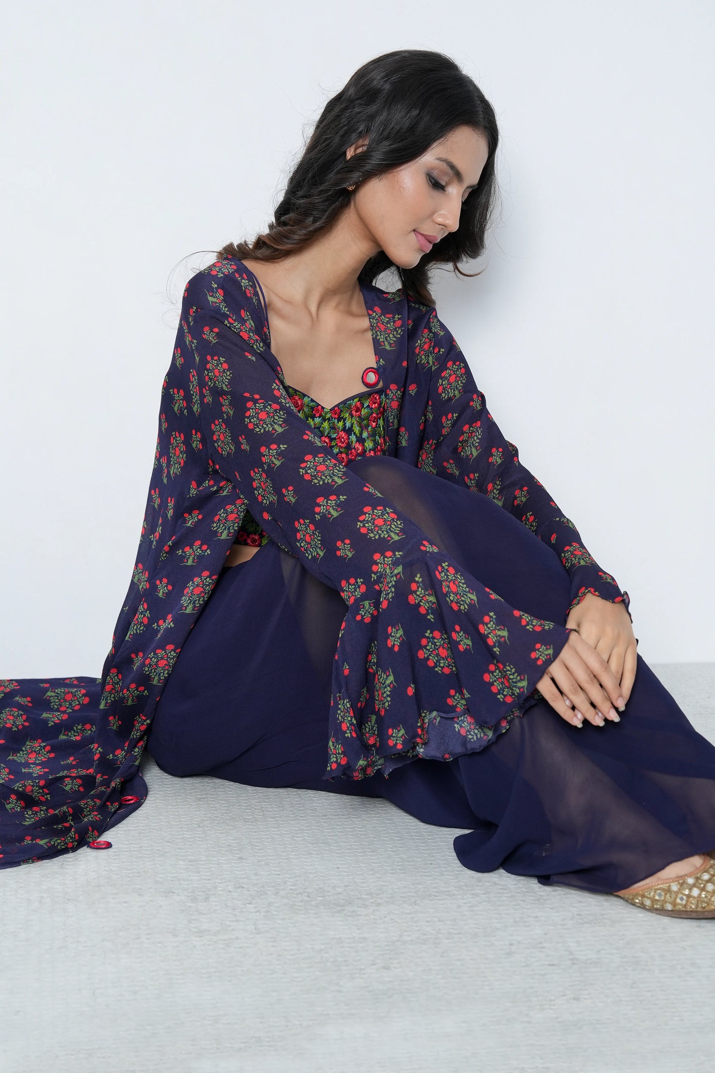 Navy Georgette Skirt Set with Jacket