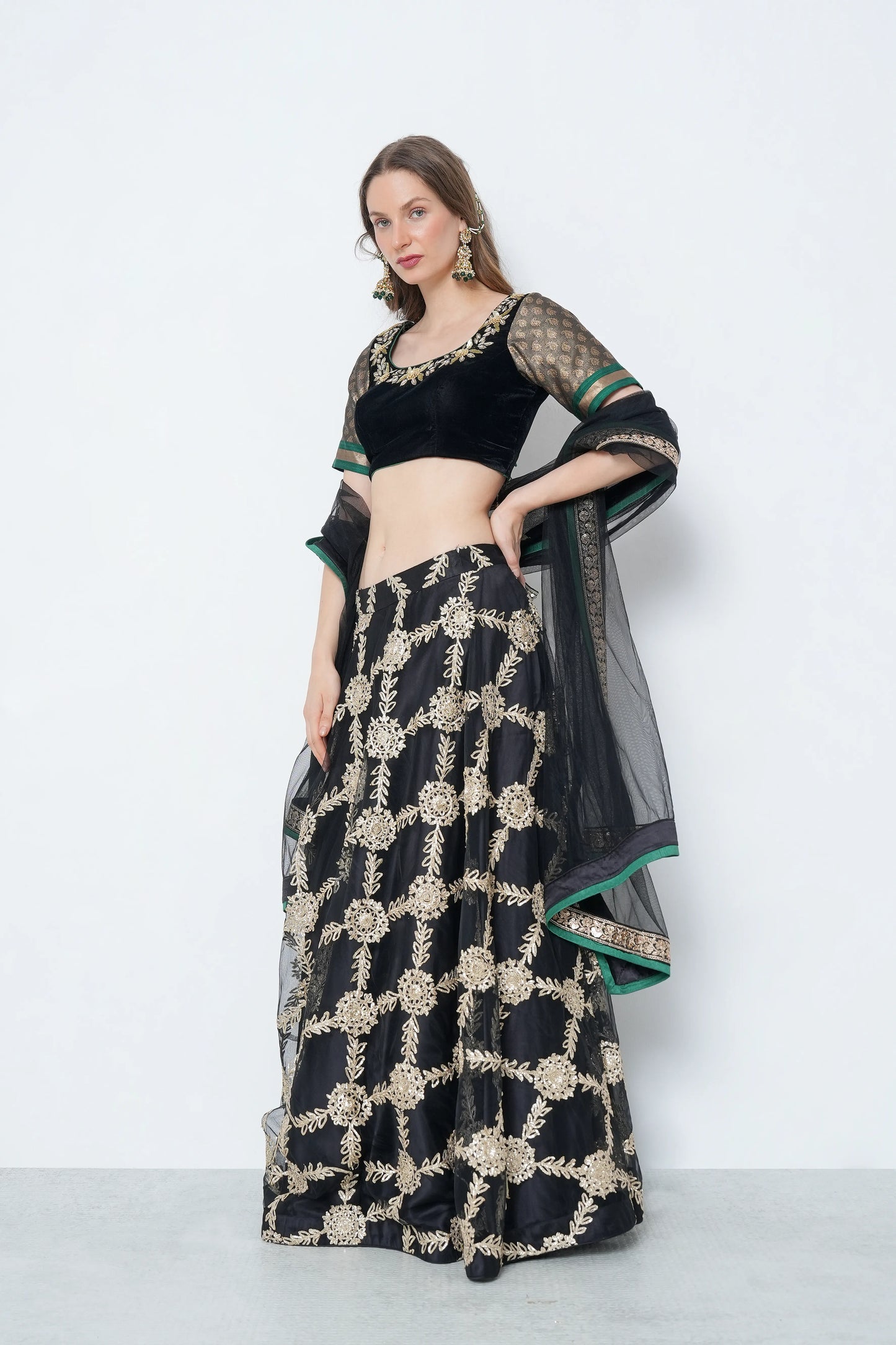 Black Velvet Brocade Lehenga Set