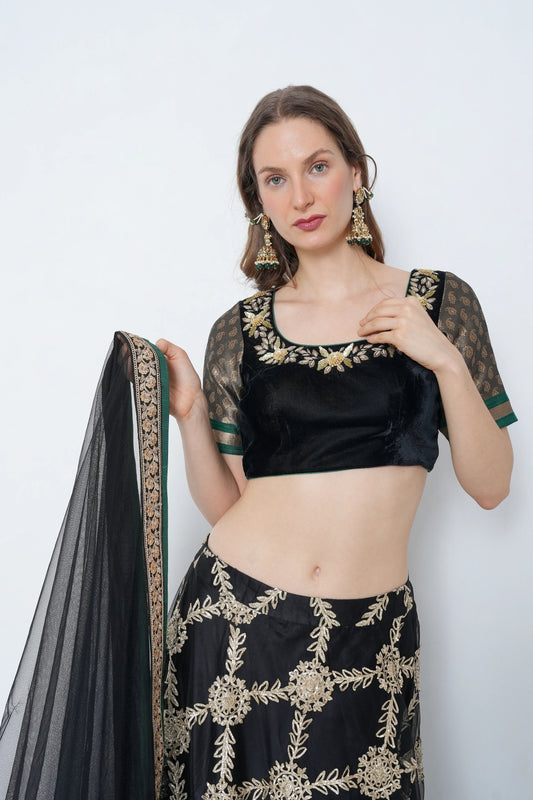 Black Velvet Brocade Lehenga Set