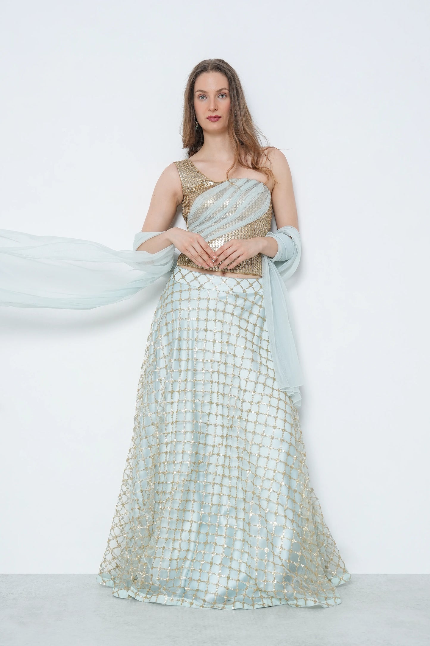 Gold & Powder Blue Lehenga Set