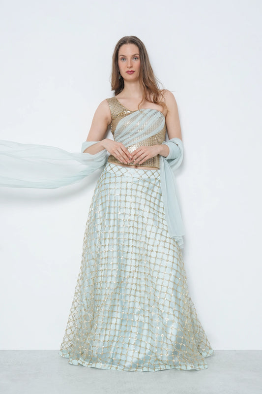 Gold & Powder Blue Lehenga Set