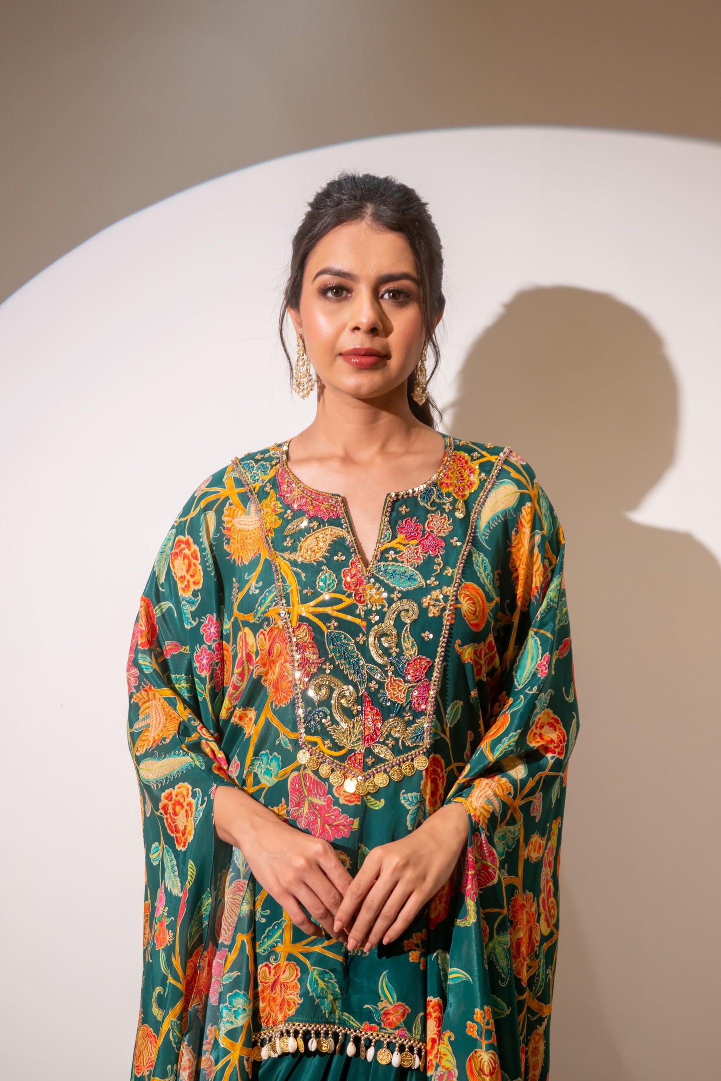 Emerald green Kaftan and drape skirt set