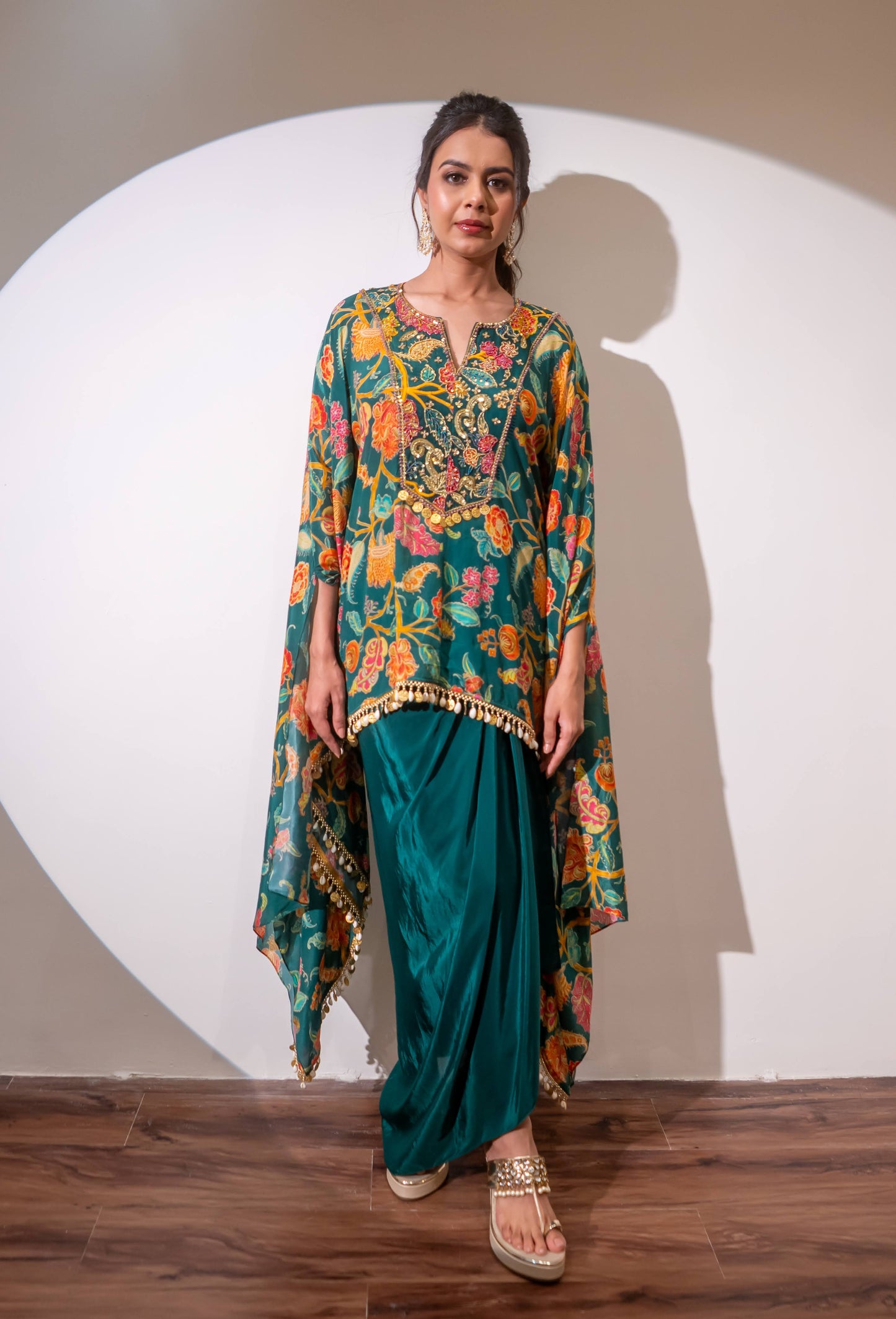 Emerald green Kaftan and drape skirt set