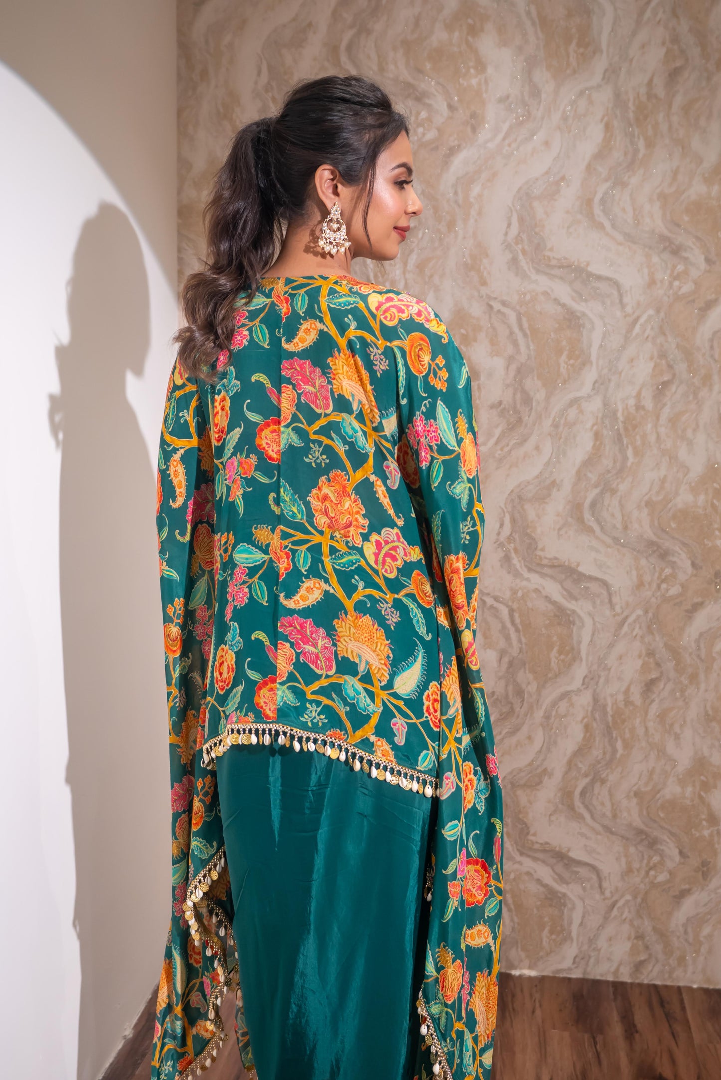 Emerald green Kaftan and drape skirt set