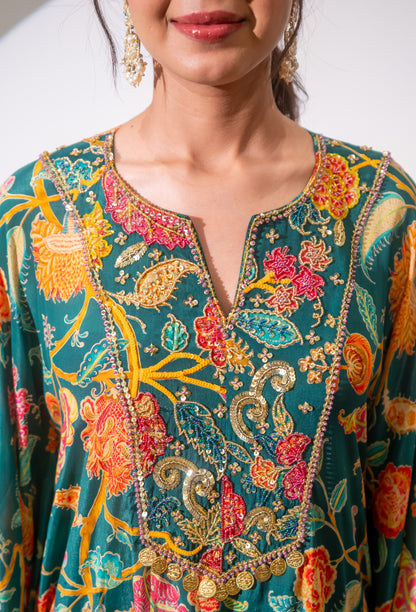 Emerald green Kaftan and drape skirt set