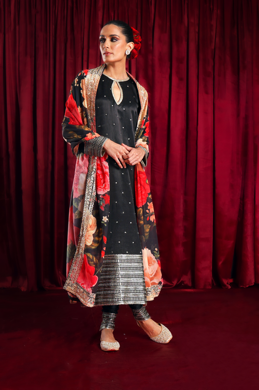 Black Kurta set with Printed Dupatta
